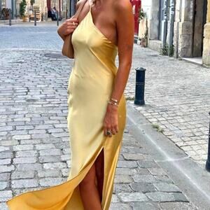 NWT COMMENSE bias satin one shoulder/halter dress